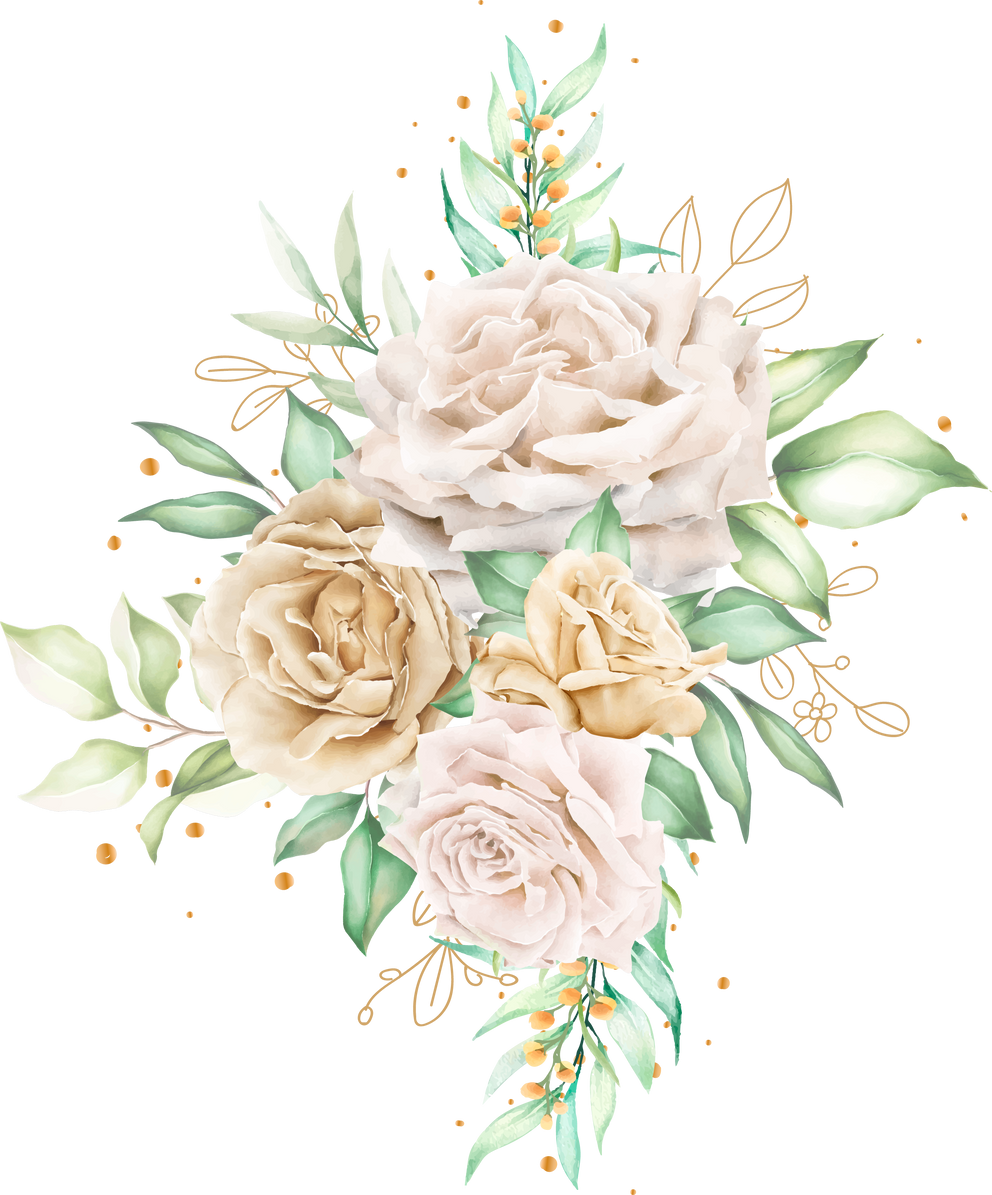 watercolor white roses bouquet and branches illustration