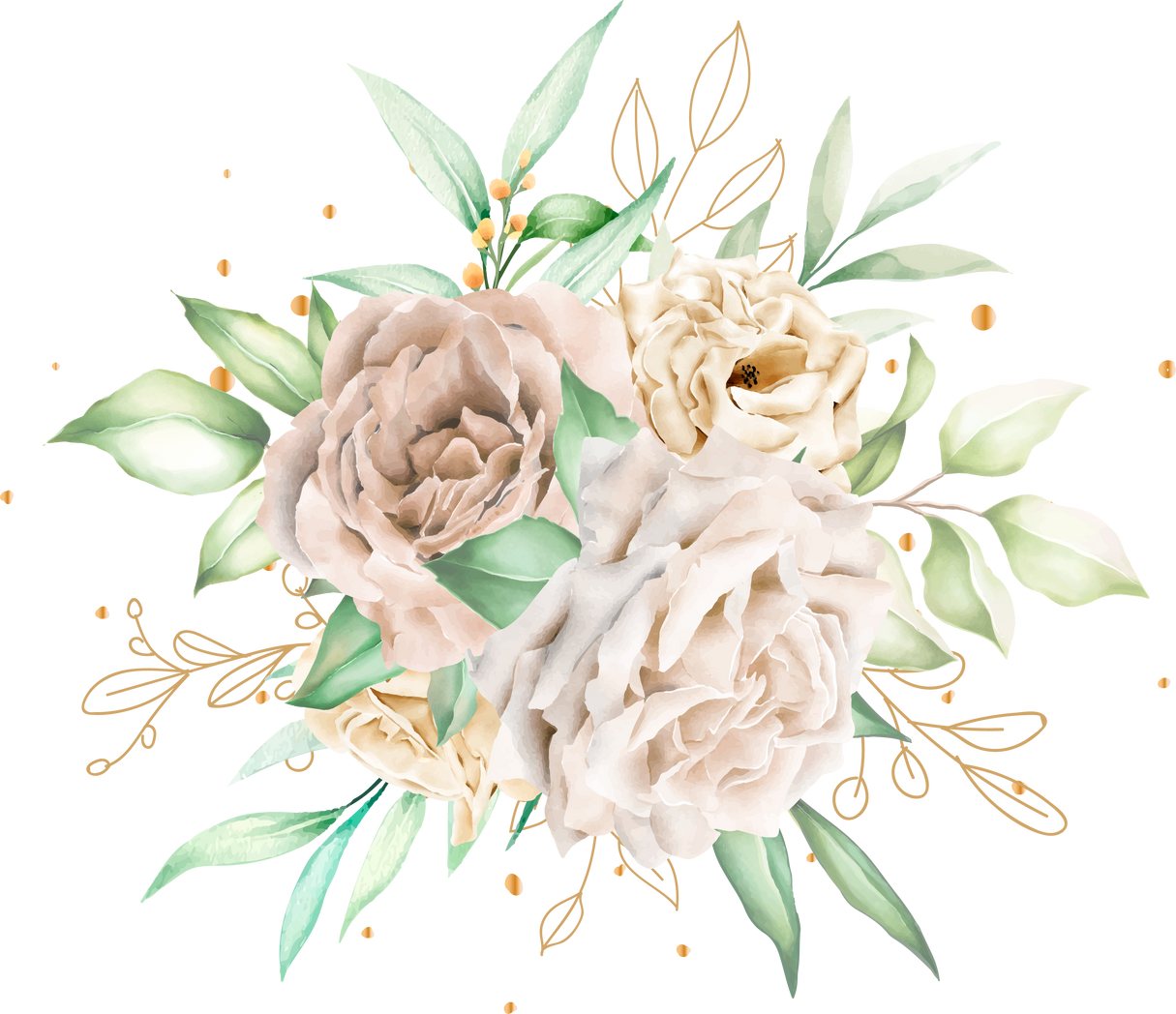 watercolor white roses bouquet and branches illustration