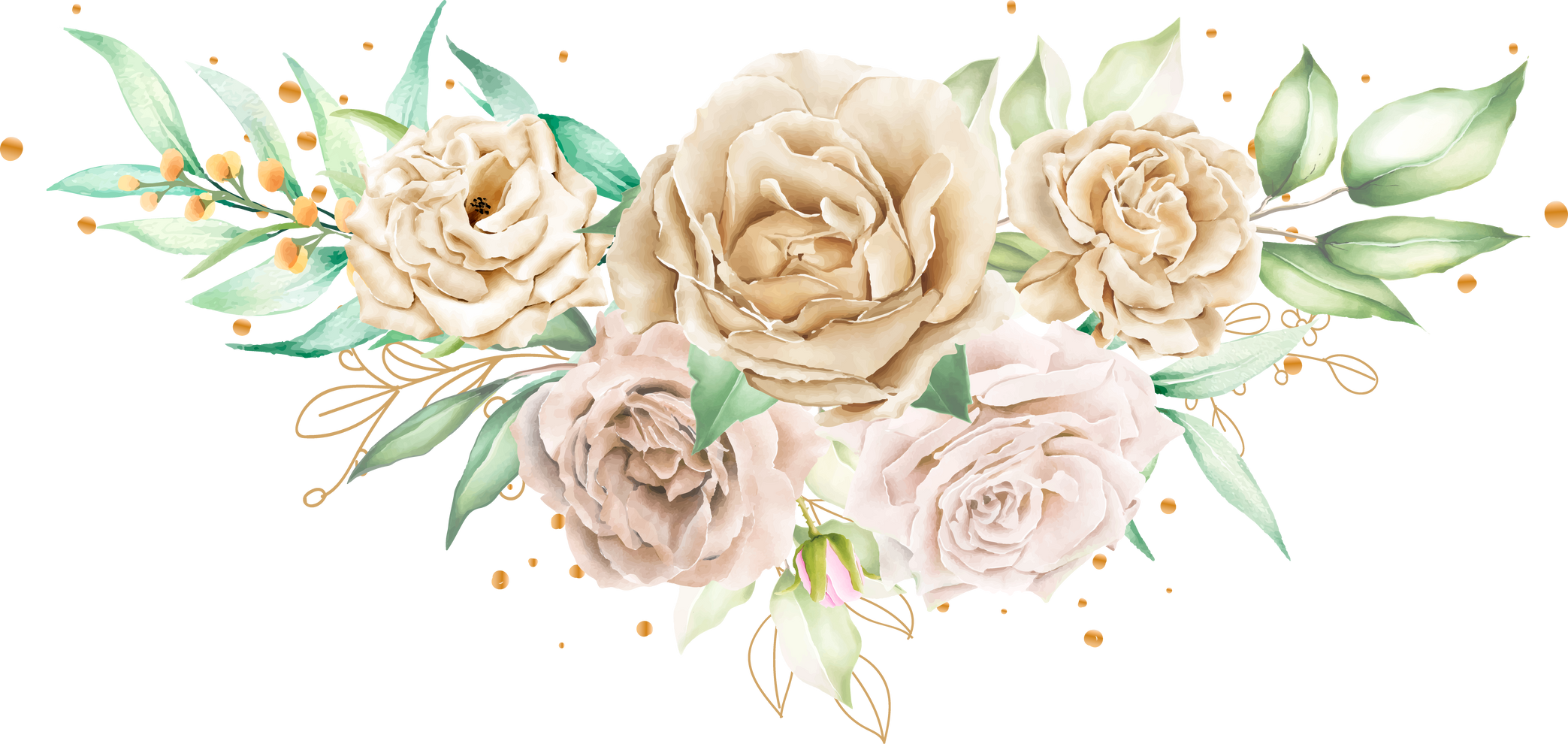 watercolor white roses bouquet and branches illustration